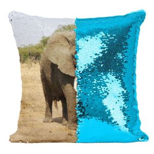 Fabulous Coussin avec Housse Sequin - Paillettes Turquoise Elephant d'Afrique Savane [40 x 40 cm]