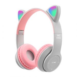 Casque VORMOR d'Oreille de Chat,Bluetooth,sans Fil,Pliantes,LED Clignotante Allumer - Gris Rose
