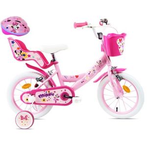 V&eacute;lo enfant - Mod&egrave;le 14'' Minnie de Disney pour fille de taille 95 &agrave; 105 cm avec stabilisateurs, 2 freins & Panier avant et Porte poup&eacute;e + Casque Minnie