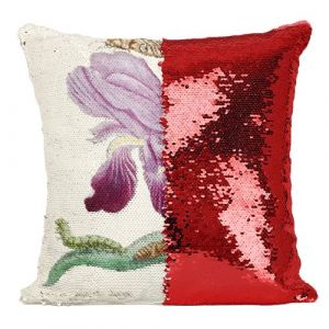 Fabulous Coussin avec Housse Sequin - Paillettes Rouge Iris Papillons Chenilles Illustration Botanique [40 x 40 cm]
