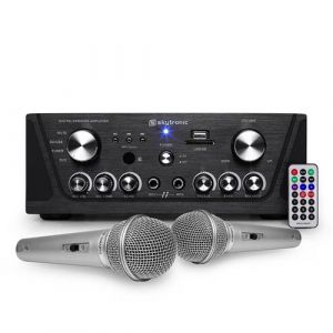 Amplificateur Skytronic karaok&eacute; noir USB/SD/FM 160W + 2 Microphones filaires silvers