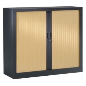 Armoire Monobloc H100xL 80xP43 cm 2 Tablettes Anthracite Rideaux Ch&ecirc;ne Clair