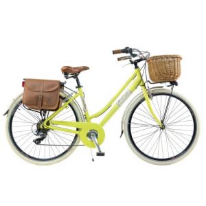 Vélo de ville Femme - Via Veneto By Canellini Retro Vintage Aluminium + Panier et Sac cuir latéral porte bagage - Taille 46 Jaune