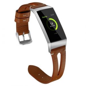 Bracelet en cuir avec cadre en m&eacute;tal Remplacement pour Fitbit Charge 3 - Brun (Taille L)