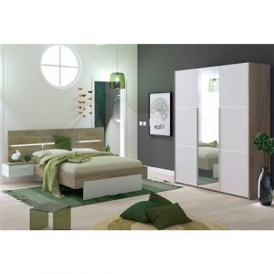 NINO LIGHT - Lit 140x190cm avec Leds et Chevets Suspendus + Armoire 3P - Altobuy