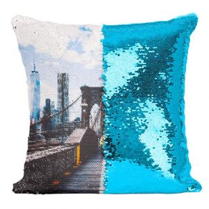 Fabulous Housse de Coussin à Sequin - Paillettes Turquoise Pompier Traverse le Pont de Brooklyn [40 x 40 cm]