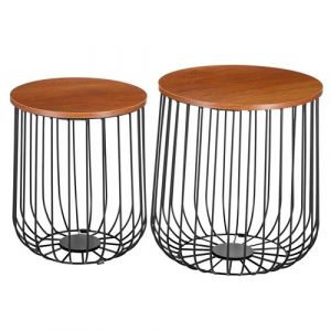 Lot de 2 tables d'appoint ERRANO paniers en m&eacute;tal tables &agrave; caf&eacute; tables basses rondes bouts de canap&eacute; vintage d&eacute;cor ch&ecirc;ne sauvage