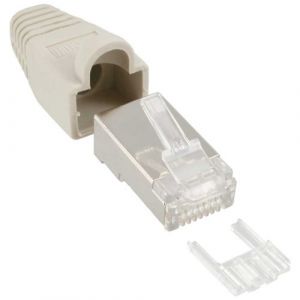 Connecteur à sertir InLine® RJ45 8P8C blindé avec filetage + protection anti-pliage gris 10 pcs.