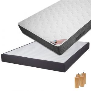 BERMUDES - Pack Matelas 140x190 + Sommier Tapissier Démontable 2x20 Lattes Anthracites + Pieds Bois 15cm - Altobuy