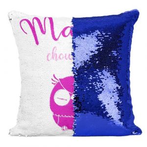 Fabulous Coussin avec Housse Sequin - Paillettes Bleu Mamie Chouette Grand Mere Hibou [40 x 40 cm]