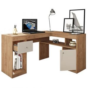Bureau d'Angle Ch&ecirc;ne et Blanc Caisson et Rangement L 137.2 H 75.5 P 111.6 cm - L 137.2 x l 111.6 x H 75.5 cm