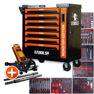 Servante d'atelier BM TOOLS 9/7 MONSTER-EDITION-ORANGE 7 tiroirs pleins 257 outils + Cric hydraulique Kraft Muller 2,25T ORANGE