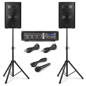 Vonyx VX210 Système de sonorisation complet Bluetooth - 800 Watts, Avec Trépieds Réglables, Table de mixage amplifiée