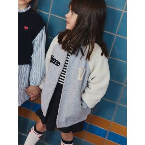 Veste fille bombers bi-mati&egrave;re drap de laine manches sherpa gris chin&eacute;
