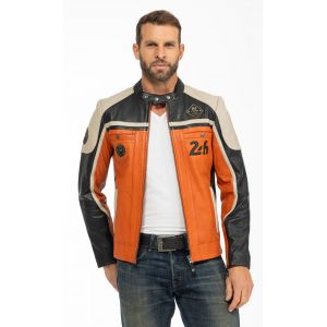 Blouson cuir style moto homme orange 24H du Mans