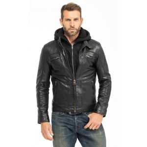 Blouson cuir capuche homme noir Oakwood
