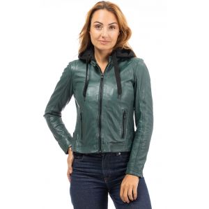 Blouson cuir à capuche femme vert foncé Gipsy