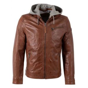 Blouson cuir &agrave; capuche homme cognac Gipsy