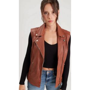 Gilet sans manches cuir femme cognac Rose Garden