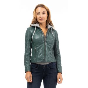 Blouson cuir à capuche femme vert foncé Gipsy