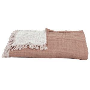 Plaid Baya Haomy en lin et coton, jet&eacute; de lit avec 7 couleurs &eacute;l&eacute;gantes, Petale / Ivoire / 135x200 cm