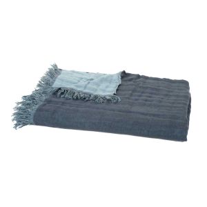 Plaid Baya Haomy en lin et coton, jet&eacute; de lit avec 7 couleurs &eacute;l&eacute;gantes, Denim / Bleu stone / 135x200 cm