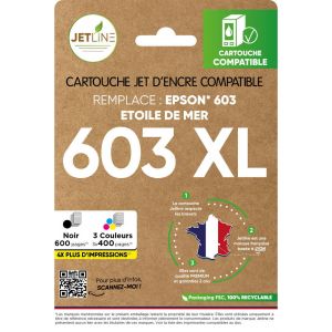 Pack de cartouches d'encre compatibles noire + 3 couleurs 603 XL JETLINE
