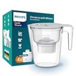 Philips Water Carafe filtrante +4 cartouches filtrantes de remplacement Anti-calcaire+, JUSQU'À 50% DE RÉDUCTION DE LA DURETÉ EN PLUS, débit rapide, blanc, 2,6 litres, minuterie électronique