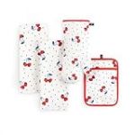 Kate Spade New York Cherry Dot Lot de 4 torchons de Cuisine, Gant de Cuisine et manique 43,2 x 71,1 cm, 17,8 x 33 cm, 17,8 x 25,4 cm, Blanc/Rouge/Bleu