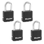 Master Lock M115XQLFCCSEN, Lot de 4 cadenas en acier laminé recouvert de magnésium de 4,8 cm de large, diamètre de 1,6 cm, dégagement de manille de 3,8 cm, noir, 4 pièces (lot de 1)