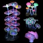 Mangsen Lot de 4 décorations d'aquarium phosphorescentes en Silicone pour décoration d'aquarium - Récif de Corail - Champignon et anémone