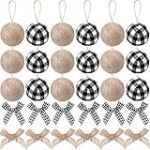 Suilung Lot de 30 d&eacute;corations de Sapin de No&euml;l, 18 Boules de No&euml;l en Toile de Jute avec 12 Mini n&oelig;uds &agrave; Carreaux en Toile de Jute pour No&euml;l Rustique, d&eacute;coration d'int&eacute;rieur (Blanc Noir)