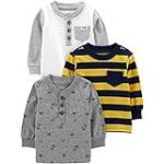 Simple Joys by Carter's Long-Sleeve Shirts, Pack of 3, Blanc/Gris Dinosaure/Jaune Rayures, 5 Ans (Lot de 3) Bébé garçon
