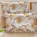 PETTI Artigiani Italiani - Lot de 2 Taies d'Oreillers 50x30 cm 100% Microfibre Hypoallergénique, Housse Oreiller Rectangulaire Motif Floral Blanc Doré, Paquet de 2, Fabriqué en Italie