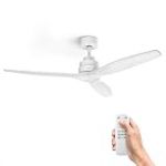 Ufesa Ventilateur de Plafond CFTB, 40W, 6 Vitesses, Ultra Silencieux, 3 Pales en Bois Naturel 132cm, Fonction été - hiver, Minuterie 8h, Télécommande, Blanc