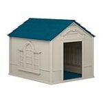Suncast Niche Deluxe pour Chiens jusqu'à 45,4 kg avec Toit Amovible, aérations, Sol canalisé couronné et étiquettes de Personnalisation, Taupe/Bleu