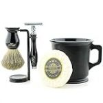 Haryali London Kit de rasage – Rasoir à raser, brosse à raser, support de rasage, savon à raser, bol à raser, lot de 5 pinceaux de rasage – Brosse à raser en poils de blaireau véritable – Noir