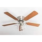 Pepeo Kisa Deluxe Ventilateur de plafond avec éclairage et interrupteur à tirette en nickel brossé Blanc/Erable 105 cm 105620190