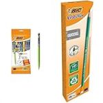 BIC Matic Fun Porte Mines 0,7 mm HB avec Gomme - Pochette Format Spécial de 10 & Evolution Original Crayons à Papier avec Gomme Intégrée, Certifiés NF Environnement, Pointe HB, Boîte de 12