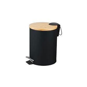 Amig - Poubelle de salle de bain &agrave; p&eacute;dale 5 litres Mod. Naturline - Couleur noire et bambou - Ouverture hygi&eacute;nique sans contact - &Oslash;20 x 26 cm - Acier inoxydable laqu&eacute;