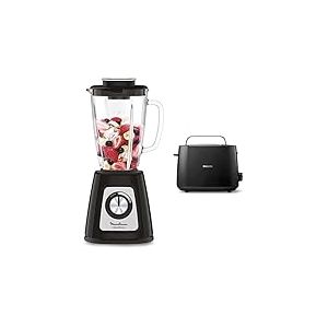 Moulinex Blender mixeur électrique, Bol verre 1,75 L, Puissance 800 W, Verrouillage sûr, Ergonomique, Broyeur à grains & Philips Grille-pain - 2 Fentes, 8 Réglages, Réchauffe-Viennoiseries