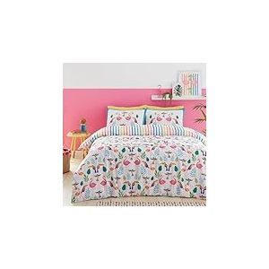 Fusion - Housse de Couette Flamant Tropical - 230 x 220 cm - 2 Taies d'oreiller - Réversible (Rayures Arc-en-Ciel) - Housse de Couette Oiseaux (Toucan) - Cadeaux Flamant Rose - Literie Tropicale