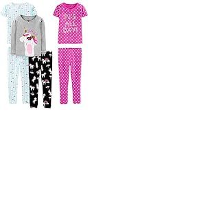 Simple Joys by Carter's Ensemble de Pyjama 6 Pi&egrave;ces en Coton, Coupe Ajust&eacute;e Fille, Lot de 3, Bleu Tortue/Gris Chin&eacute;/Noir Licorne/Rose Motif &Agrave; Pois, 6 Ans