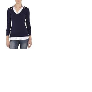 Morgan Femme 2 En 1 Col Chemise Mylord Pullover Sweater, Marine/ Blanc, 38 EU