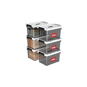 Cetomo 20L*6 Boîte de Rangement, Bac de rangement avec Poignée, Plastique Organisateur avec Couvercle, Empilable, Transportable, pour Vêtements, Bureau, Dortoirs, Transparent Noir, 20L - Lot de 6