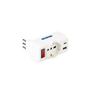 Poly Pool PP2389 Adaptateur Multiple fiche 10A 3 Prises Pluristandard 10/16 A Italien Allemand 2 Prises USB Interrupteur S&eacute;curit&eacute; Blanc