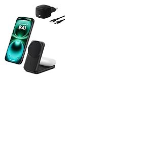 Belkin UltraCharge Chargeur Induction Qi2 25W, Station de Charge 2 en 1 pour iPhone 17, iPhone Air, AirPods, Pixelsnap, Compatible avec MagSafe avec Port-USB-C et Adaptateur 45W - Noir