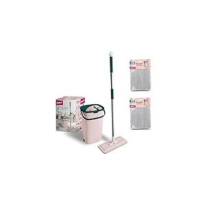 York Balai Plat Portable avec Manche et Seau | en Microfibre | Absorbant | Nettoyage des sols | sans Taches d'eau | Rose Vert | 2 Cartouches supplémentaires | capacité Seau 6 litres | Longueur de la