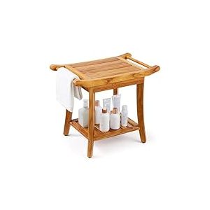 VEVOR Banc de Douche en Teck, 560 x 365 x 470 mm, Tabouret de Douche imperméable avec poignée d'étagère de Rangement, Coussinets antidérapants, 136,1 kg, pour intérieure et extérieure, Salle de Bain
