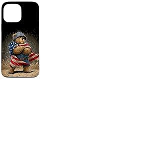 Costume d'ours en Casque Militaire et Drapeau américain Coque pour iPhone 13 Pro Max
